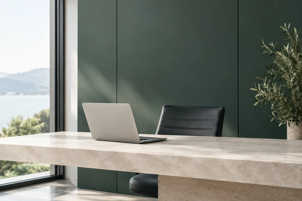 A stone desk in front of a green wall