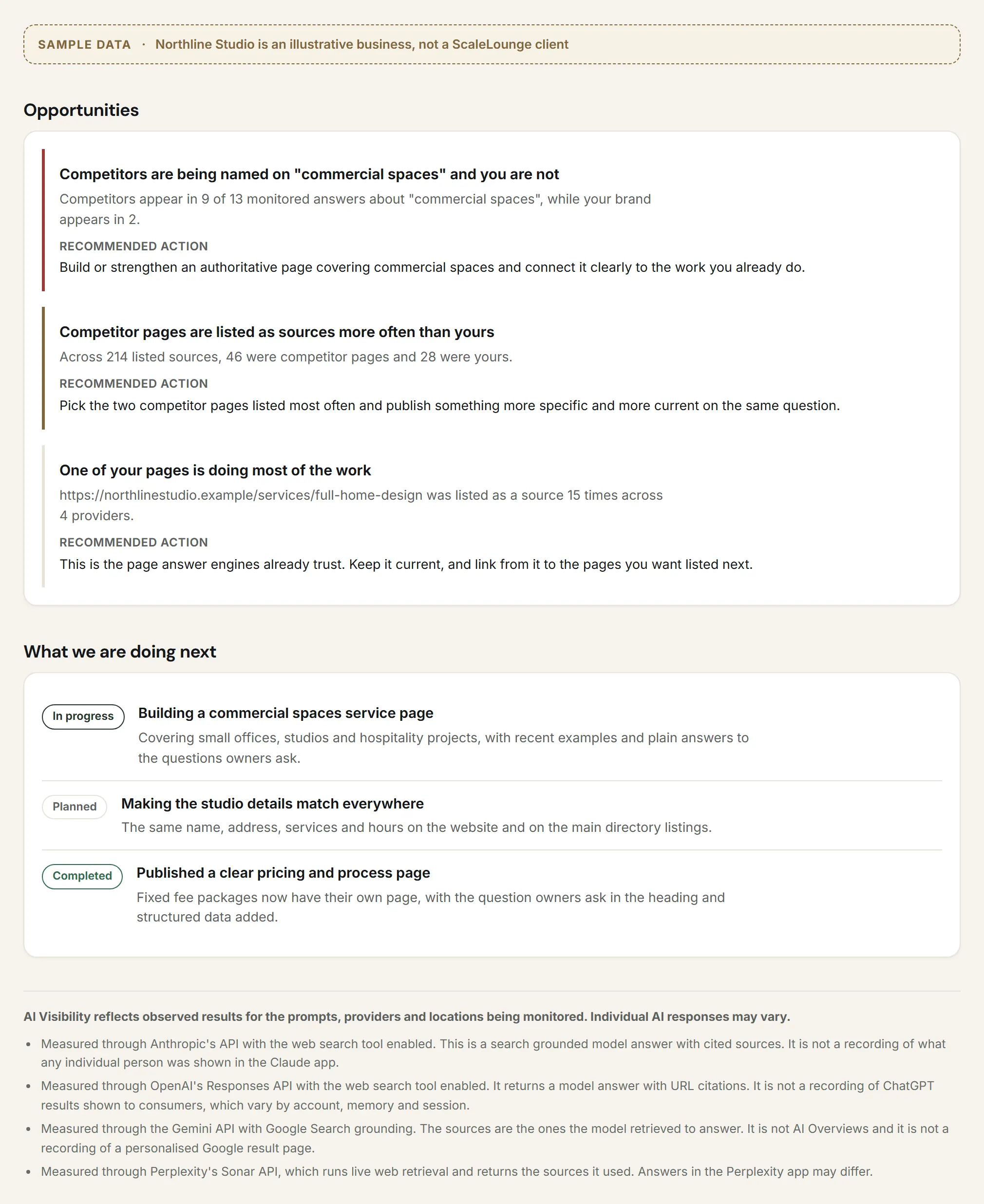 Sample opportunities and next steps. Three findings with a recommended action each, then What we are doing next with In progress, Planned and Completed items, and the provider disclosures underneath.