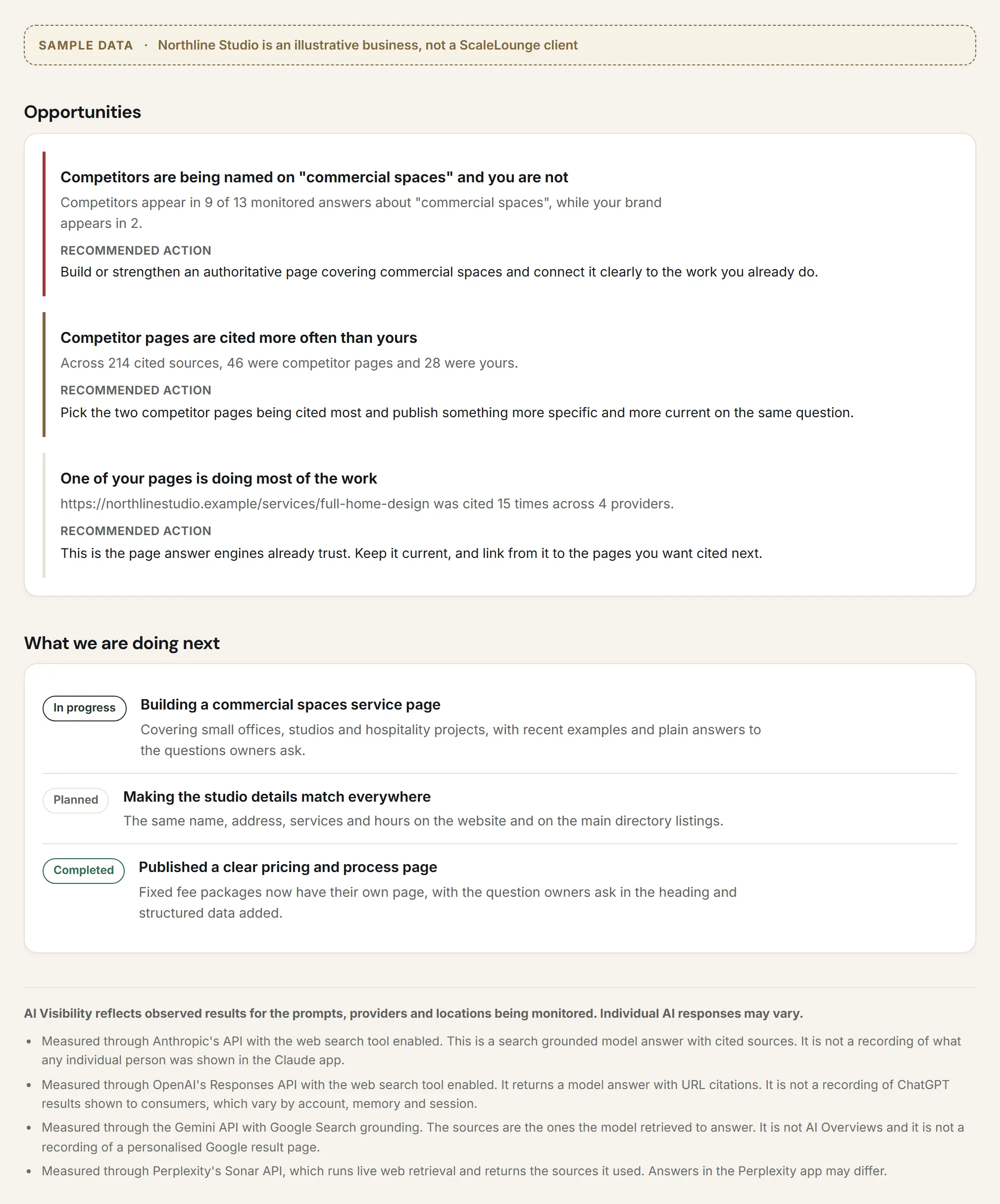 Sample opportunities and next steps. Three findings with a recommended action each, then What we are doing next with In progress, Planned and Completed items, and the provider disclosures underneath.