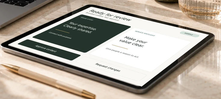 A tablet showing two branded social posts ready for review, with Approve content and Request changes buttons