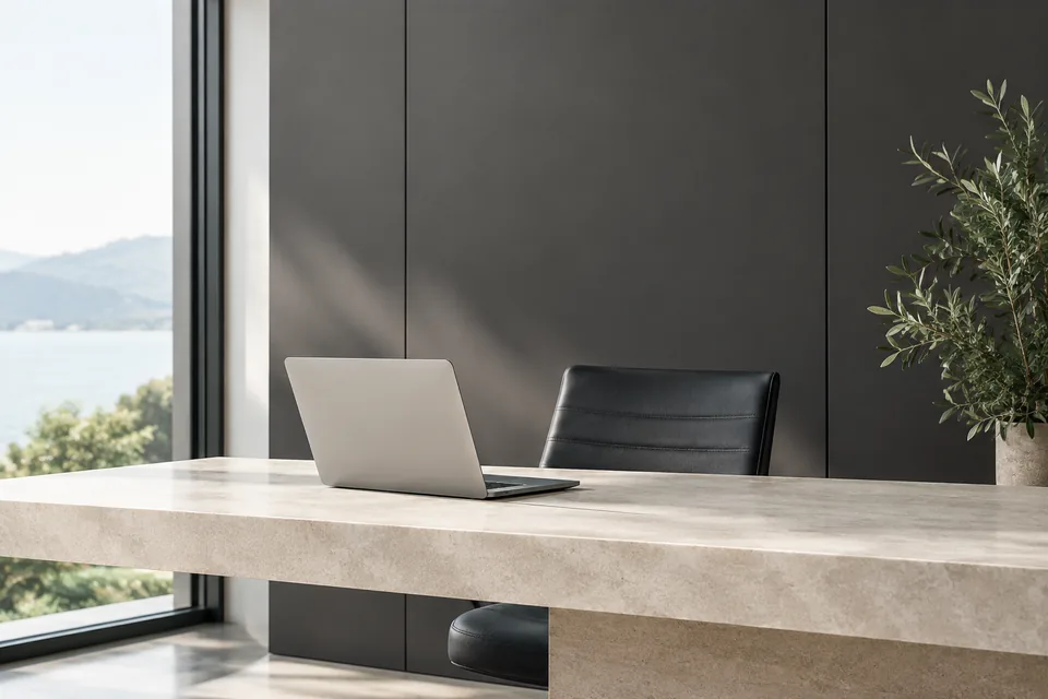 An empty desk with an open laptop and a black leather chair, beside a window looking out over the water
