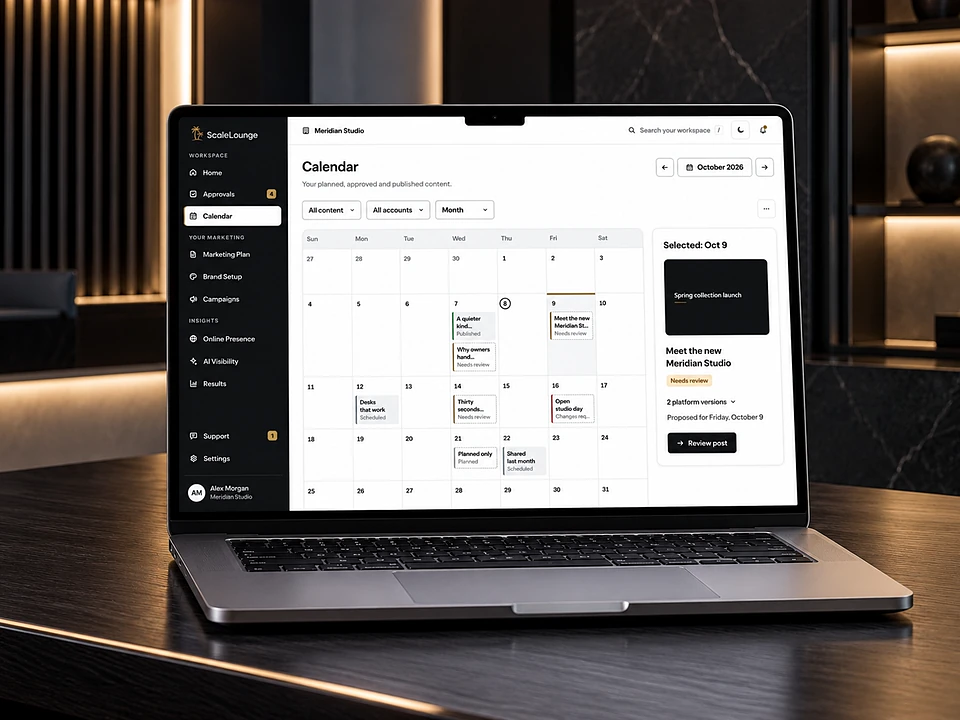 ScaleLounge content Calendar displayed on a laptop. The screen shows sample data.